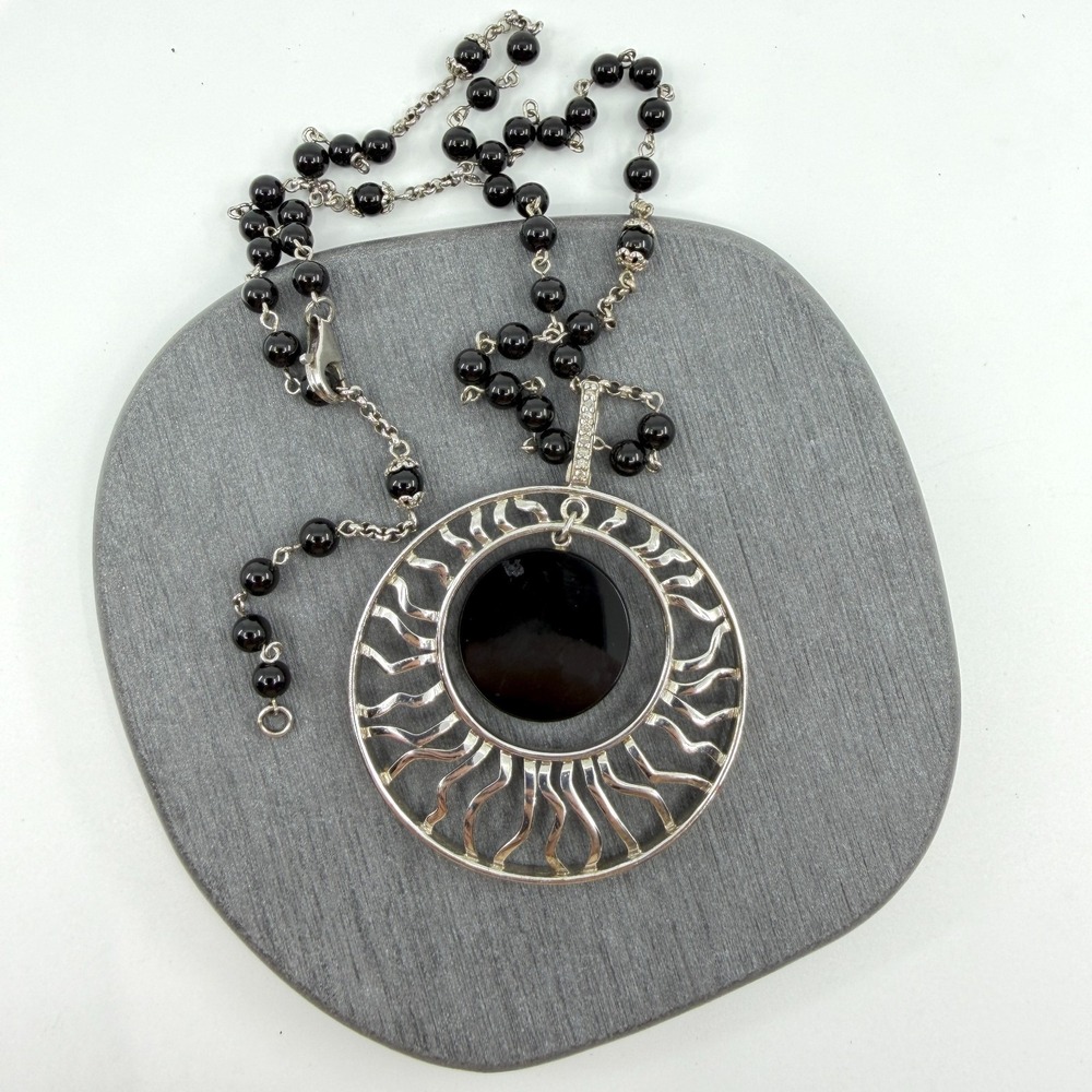Sterling Silver 925 Celestial Black Onyx Sun Pendant Necklace Gothic Layering